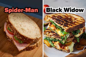 On the left, a ham sandwich labeled Spider-Man, and on the right, grilled veggie sandwich labeled Black Widow