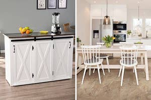 on left: white and black kitchen island with blender and fruit bowl on top. on right: light brown waterproof kitchen tiles on floor below table and chairs