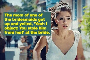A bride running down the street with a comment that describes how a mother of a bridesmaid accused the bride of stealing the groom during the ceremony