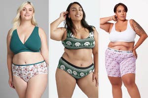left: model wearing green twistfront bralette and floral undies. middle: model wearing matching green yeti-themed bralette and undies. right: model wearing white bralette and pink rainbow zebra boxer briefs.