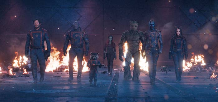 Star-Lord, Drax, Rocket, Gamora, Groot, Nebula, and Mantis in Guardians of the Galaxy Vol. 3
