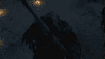 A giant shoots a man with an oversized arrow, sending him over the edge of a massive ice wall