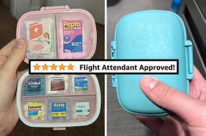 Reviewer holding their pink pill organizer open and filled with medication, and different reviewer holding their blue pill organizer closed, with words "Flight Attendant Approved!" 