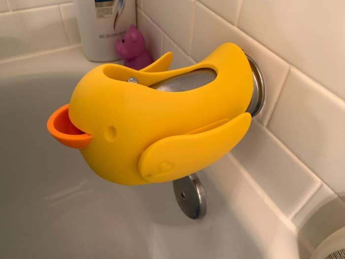 yellow duck cover on reviewer&#x27;s bath faucet