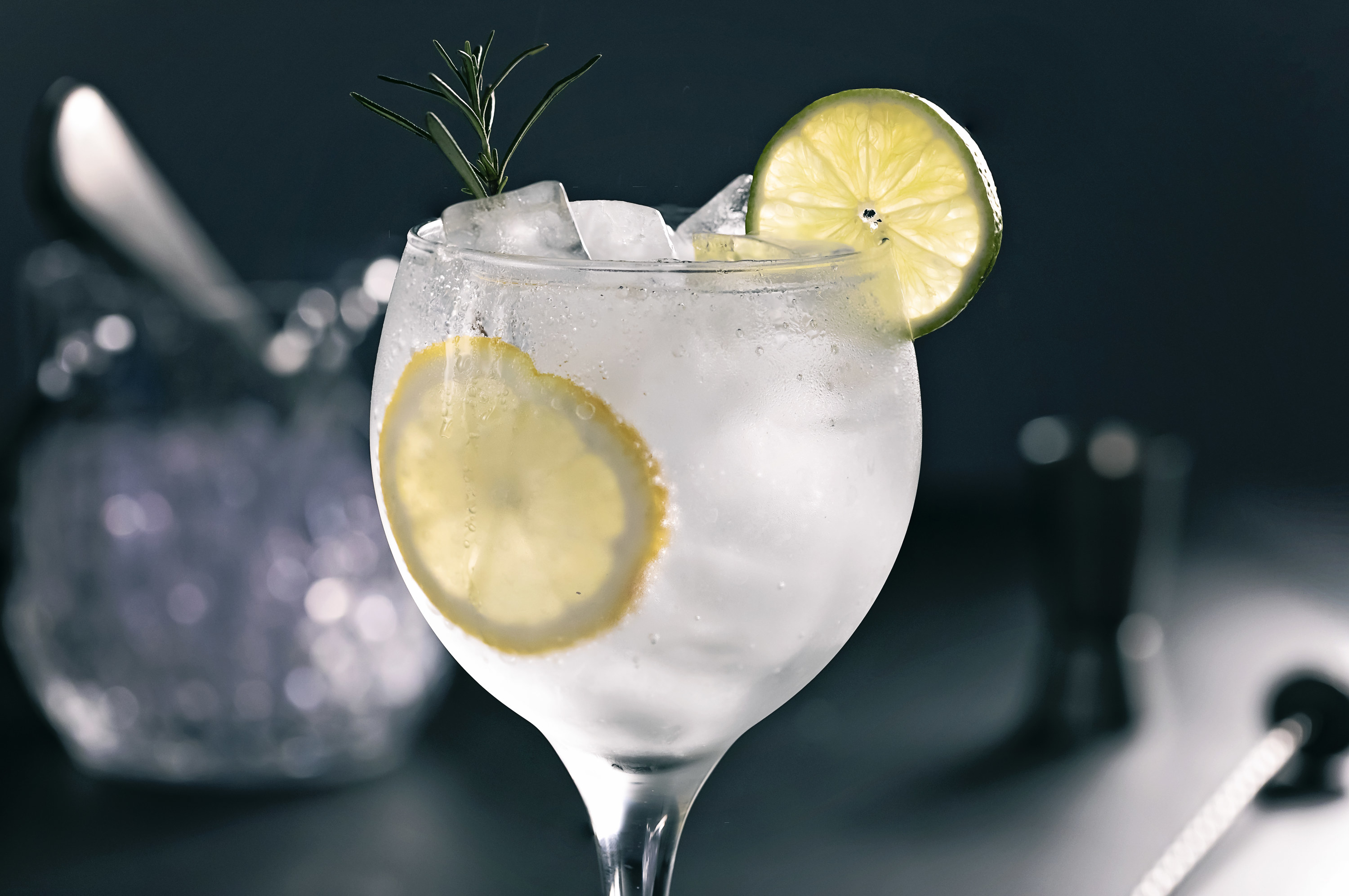 Close-up of a gin and tonic in a wine glass