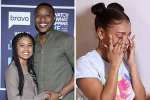 Iyanna McNeely and Jarrette Jones from Love Is Blind smile and hold hands on the red carpet vs Iyanna cries in an interview