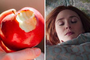 On the left, an apple with a bite taken out of it, and on the right, Elizabeth Olsen lying in bed as Wanda in WandaVision