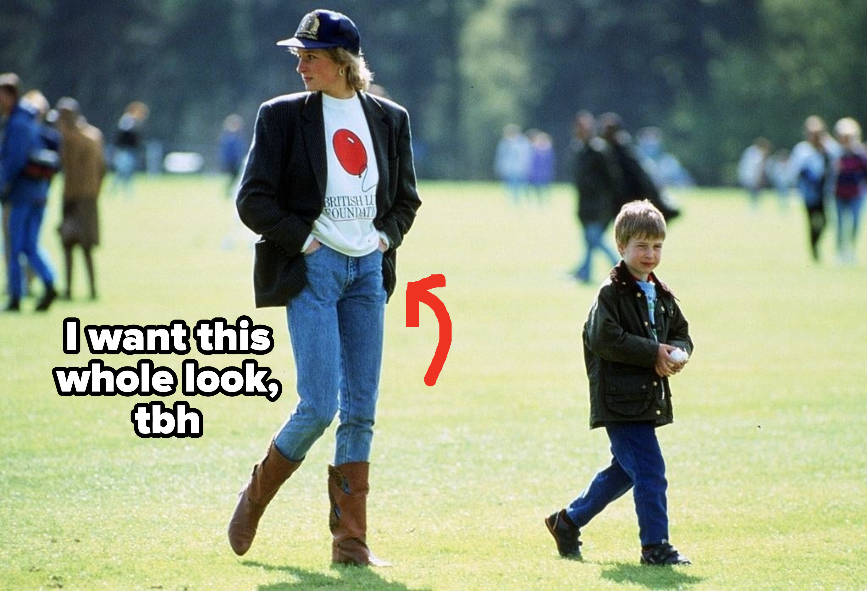 Princess Diana wearing jeans tucked into riding boots, and an oversized blazer