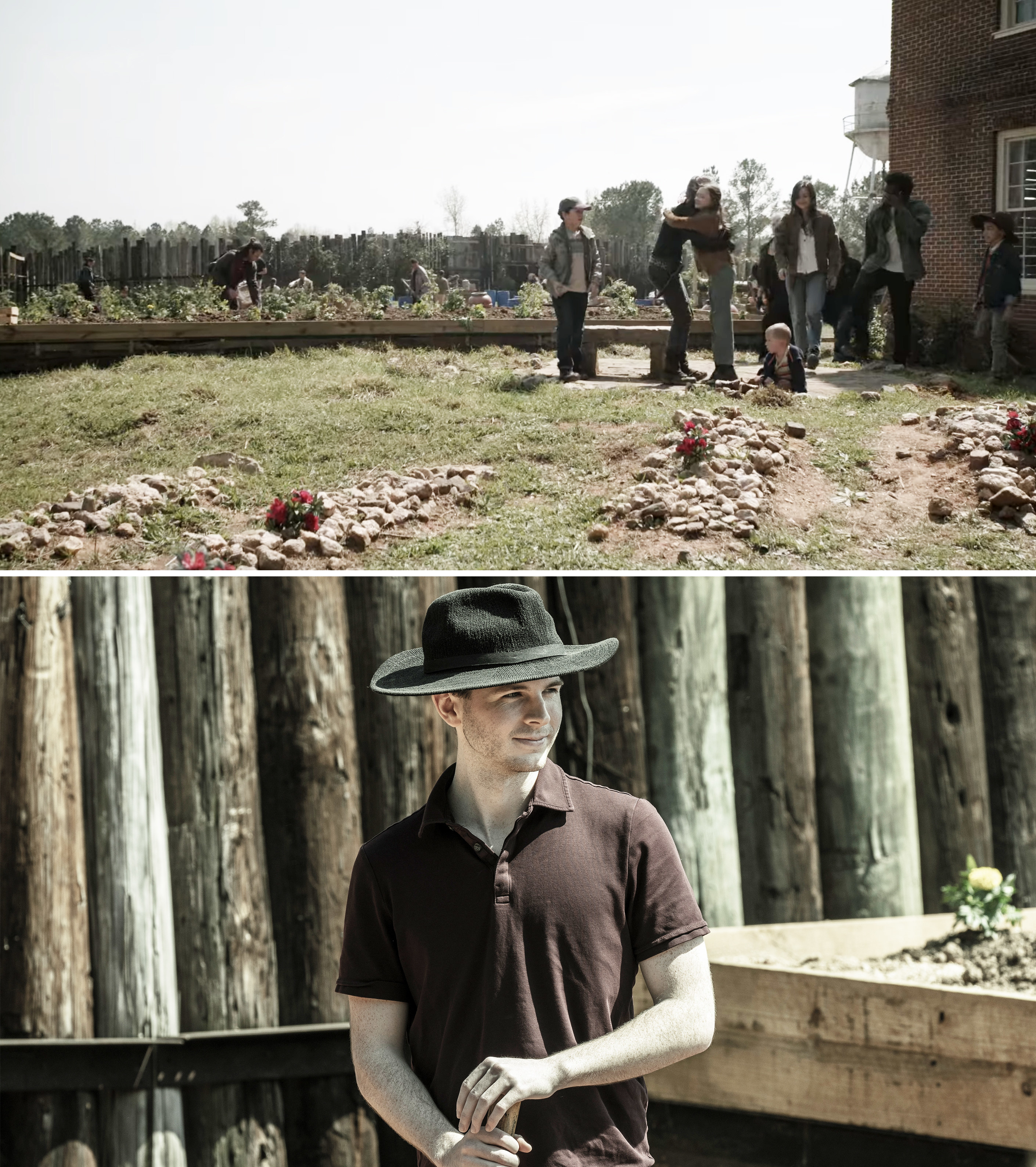 wearing a cowboy hat on set