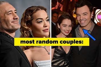 On one side, Taika Waititi and Rita Ora pose on a red carpet, on the other, emilia clark and seth macfarlane, the text reads 'most random couples'