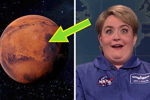 planet with arrow pointing to it, next to a separate image of a woman in a space jacket with her eyes wide and mouth open wide as if surprised