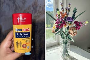 on left: reviewer holding container of Gold Bond Friction Defense anti-chafing balm. on right: colorful Lego bouquet in glass vase