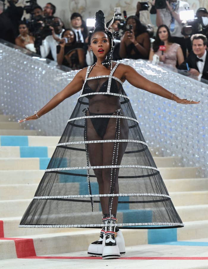 Janelle at the Met Gala wearing a sheer pannier dress and a bikini underneath. They are also wearing platform shoes
