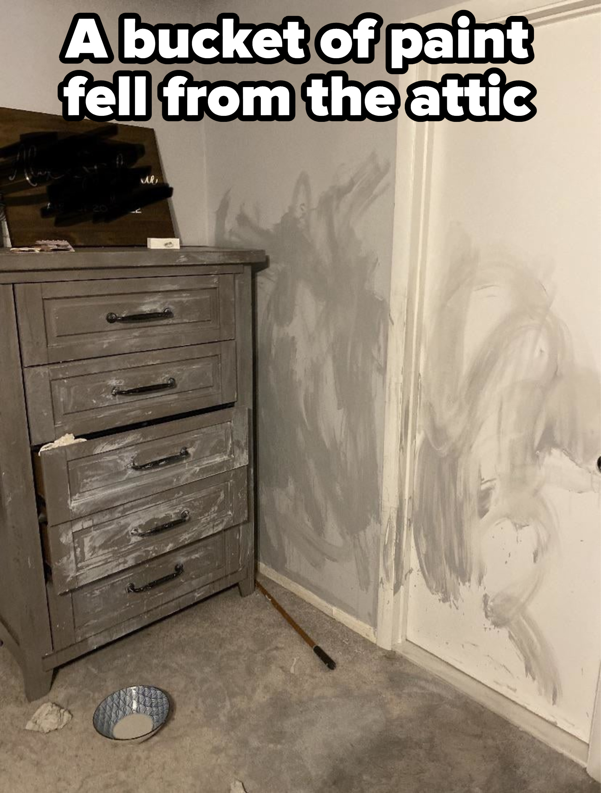 Paint all over a room&#x27;s walls and floor and chest of drawers
