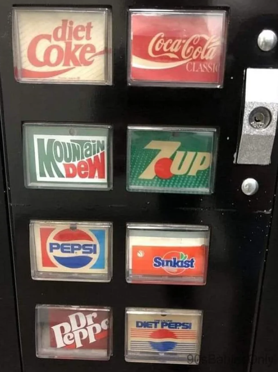 Old vending machine soft drink options like Dr Pepper, Pepsi, Mountain Dew, Diet Coke, 7Up, and Sunkist