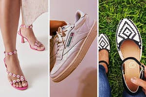 (left) pink flower heels (middle) reebok sneakers (right) black and white woven flats
