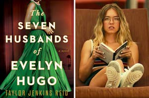 On the left, the book The Seven Husbands of Evelyn Hugo by Taylor Jenkins Reid, and on the right, Sydney Sweeney reading a book in a chaise lounge as Olivia on The White Lotus