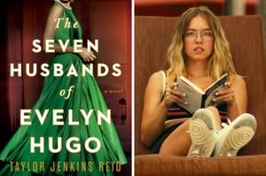 On the left, the book The Seven Husbands of Evelyn Hugo by Taylor Jenkins Reid, and on the right, Sydney Sweeney reading a book in a chaise lounge as Olivia on The White Lotus