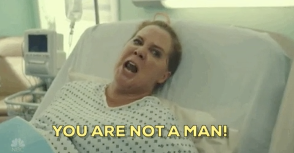 woman in the hospital bed yelling, you are not a man
