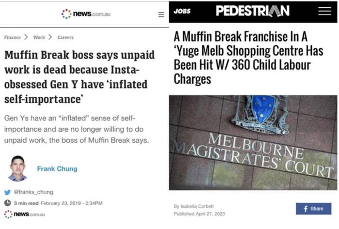 Tweet saying Muffin Break boss says unpaid work is dead because Gen Y have inflated self-importance, and headline saying a MB franchise is hit with 360 child labor charges