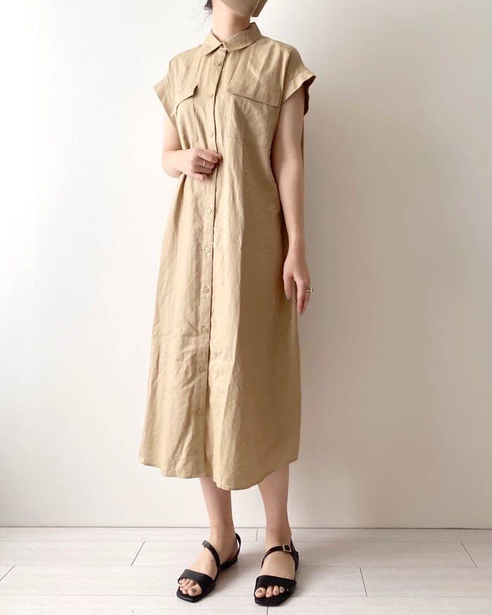 GU（ジーユー）のオススメのワンピース「リネンブレンドシャツワンピース(半袖)+E」のコーディネート