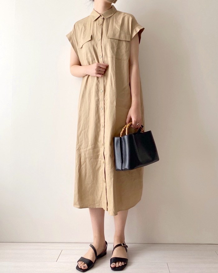 GU（ジーユー）のオススメのワンピース「リネンブレンドシャツワンピース(半袖)+E」のコーディネート