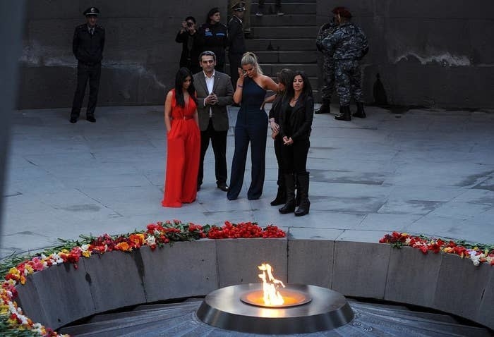 Kim and Khloe Kardashian at the Armenian Genocide Memorial in Yerevan