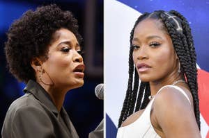 Keke Palmer speaks into a microphone vs Keke Palmer looks over her shoulder as she poses for a photo