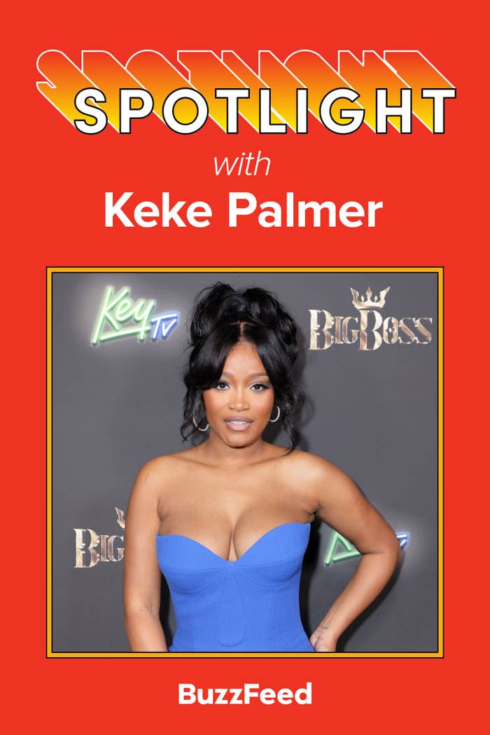 Keke Palmer poses at an event wearing a strapless dress and her hair in a feathered updo. The headline above says Spotlight with Keke Palmer