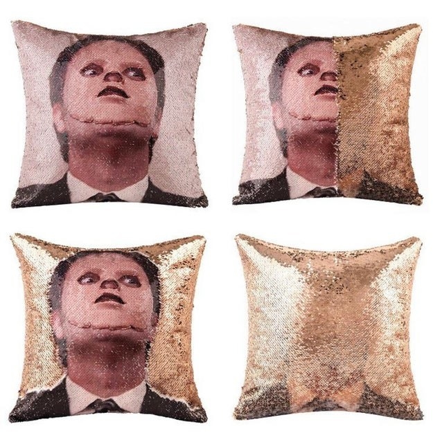 the pillow with dwight&#x27;s face on it and rose gold sequins