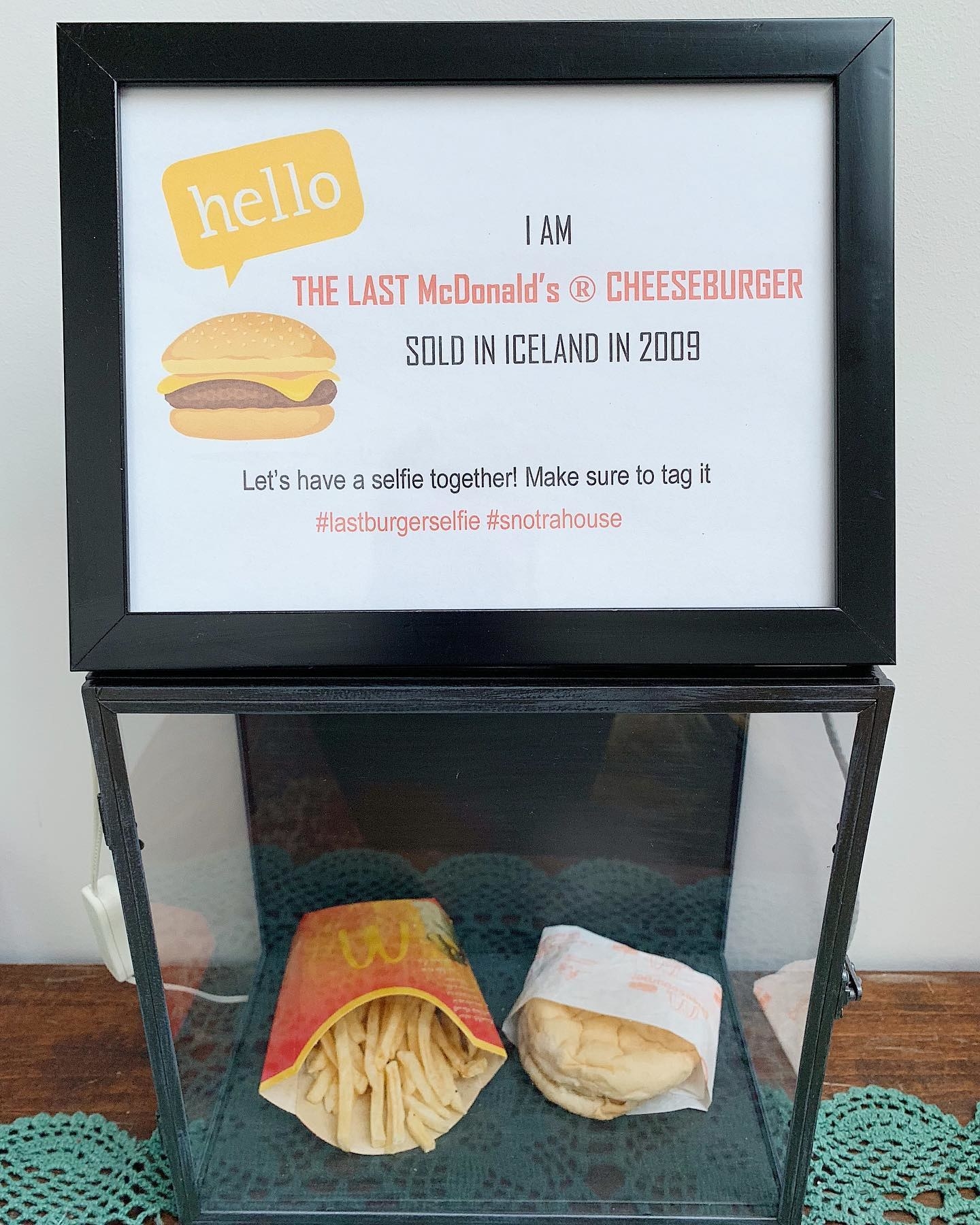 A burger and fries behind glass, with sign saying &quot;The last McDonald&#x27;s cheeseburger sold in Iceland in 2009&quot;