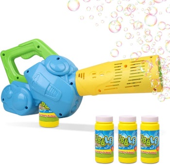 Blue, green, and yellow bubble machine with three bottles of bubble formula