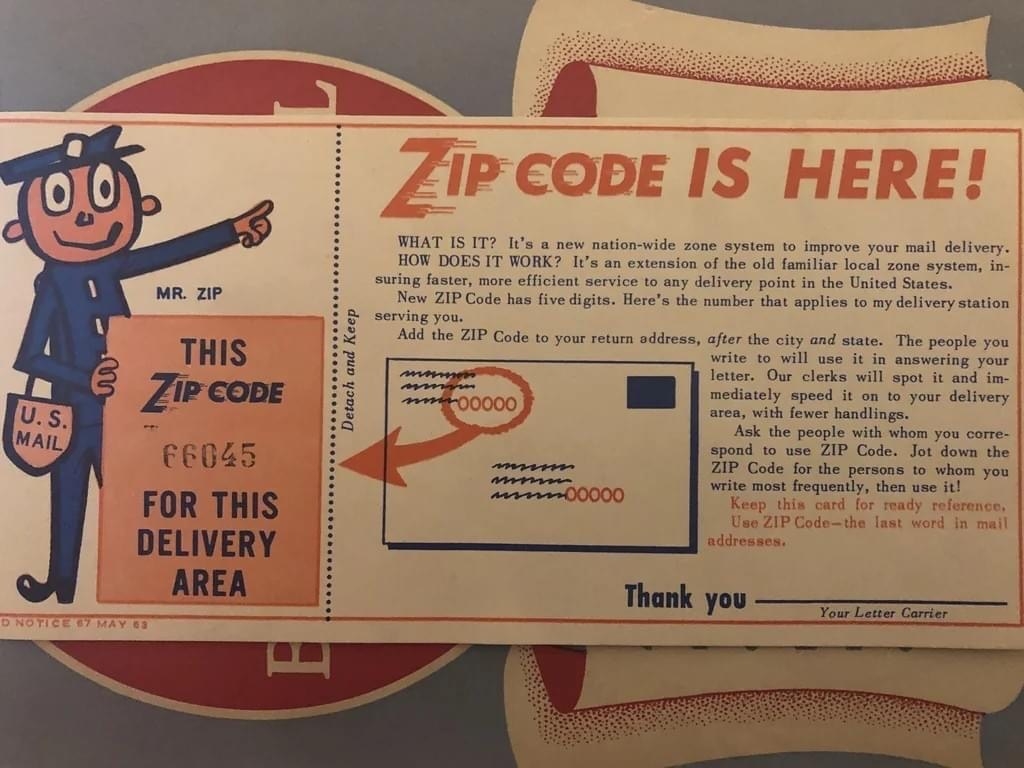 Card from cartoon mail carrier &quot;Mr Zip&quot; with &quot;Zip code is here!&quot; headline and explanation of what it is, &quot;a new nation-wide zone system to improve your mail delivery&quot; and a sample envelope showing where it should appear