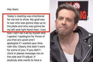 andy bernard side by side with a screenshot of the email sent by the manager