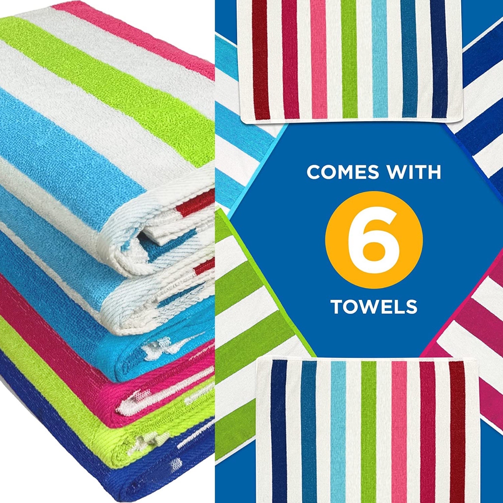 Split image of stacked and folded striped beach towels and all six towels around a hexagon showing all the included patterns