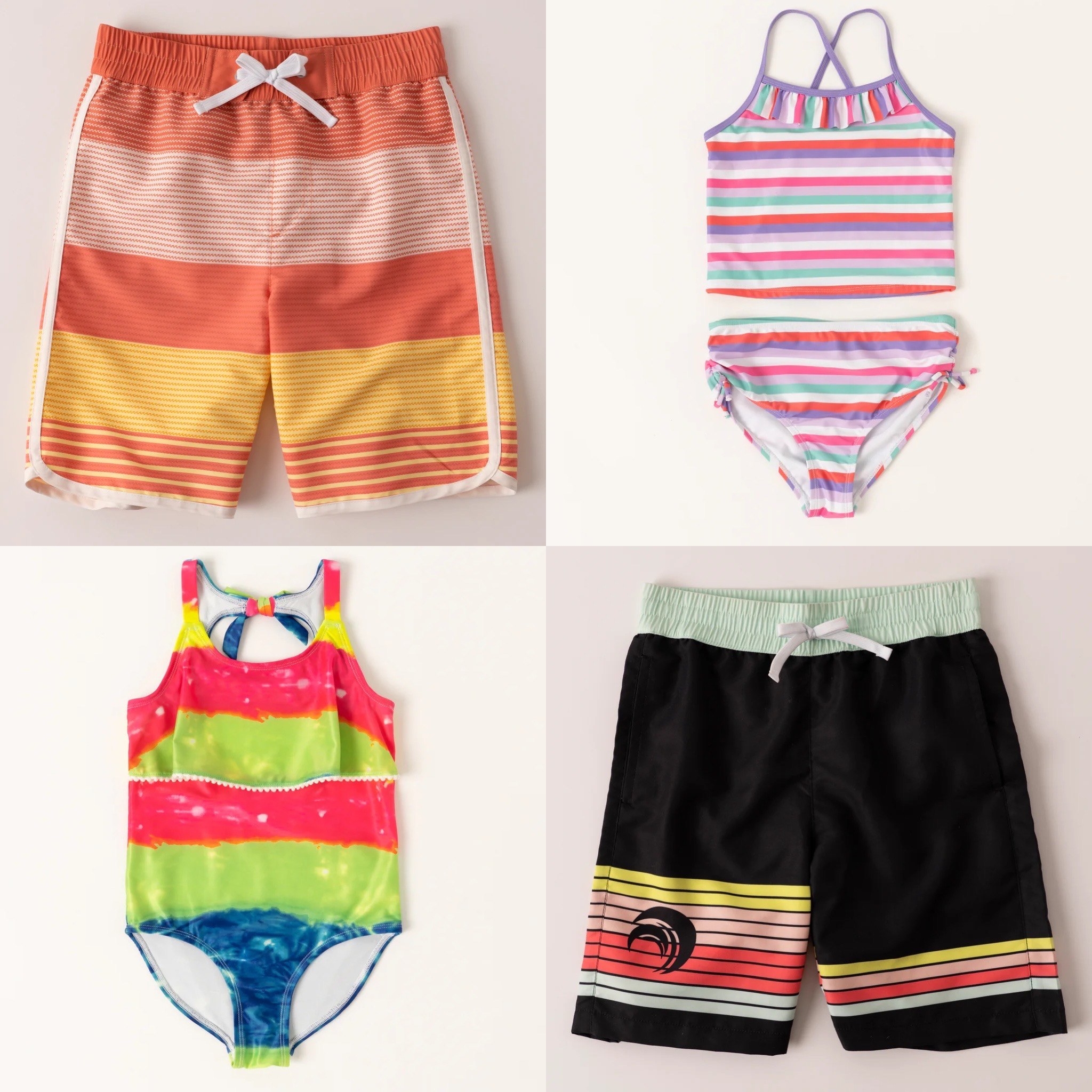 Four images of kid&#x27;s swim trunks and swimsuit in carious bright colors