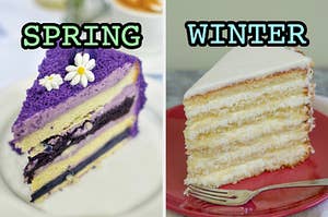 On the left, a slice of taro layer cake labeled spring, and on the right, a slice of coconut layer cake labeled winter