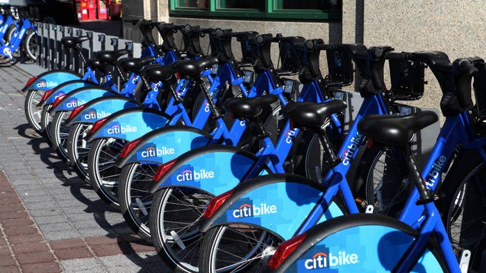 Citi bikes pictured in a row