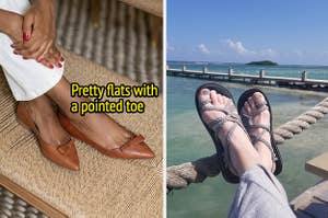 on left: model wearing brown pointed toe flats with bow design. on right: reviewer wearing gray braided flip-flops while lounging by ocean