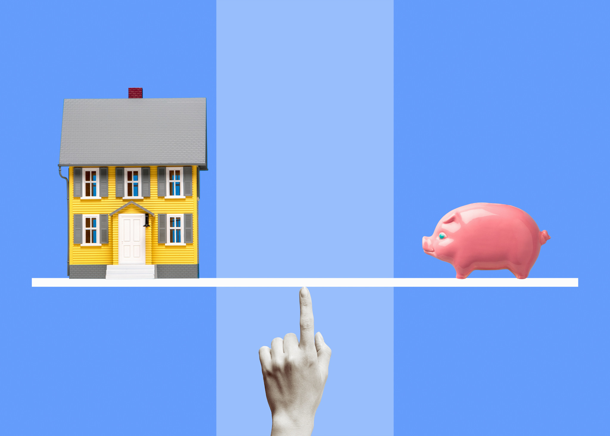 A digital rendering of a home and piggy bank balanced on a scale
