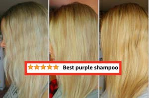 from left to right": reviewer with platinum blonde hair and less brassiness after using a purple shampoo