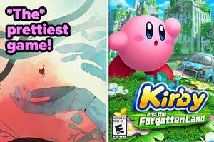 L: a screenshot from a game annd text reading "*the* prettiest game!", R: the cover art for "Kirby and the ForgottenLand"
