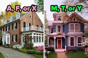 On the left, a brick, colonial house labeled A, F, or X, and on the right, A Victorian-style house surrounded by blooming trees labeled M, T, or Y