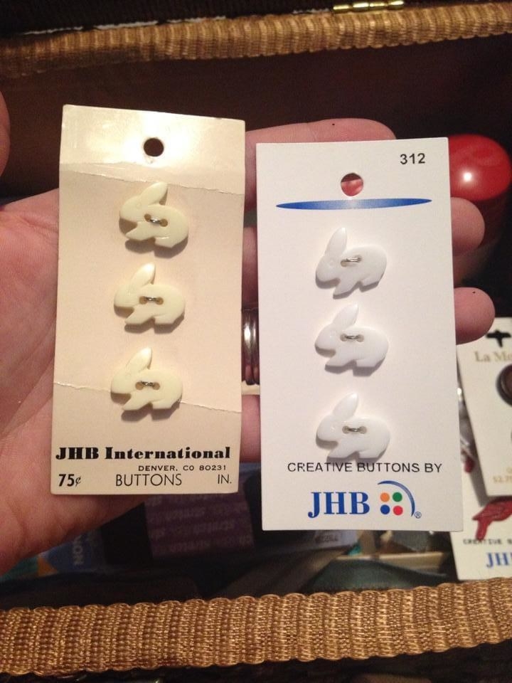 a set of bunny-shaped buttons that are old and then a set that are the same buttons but new