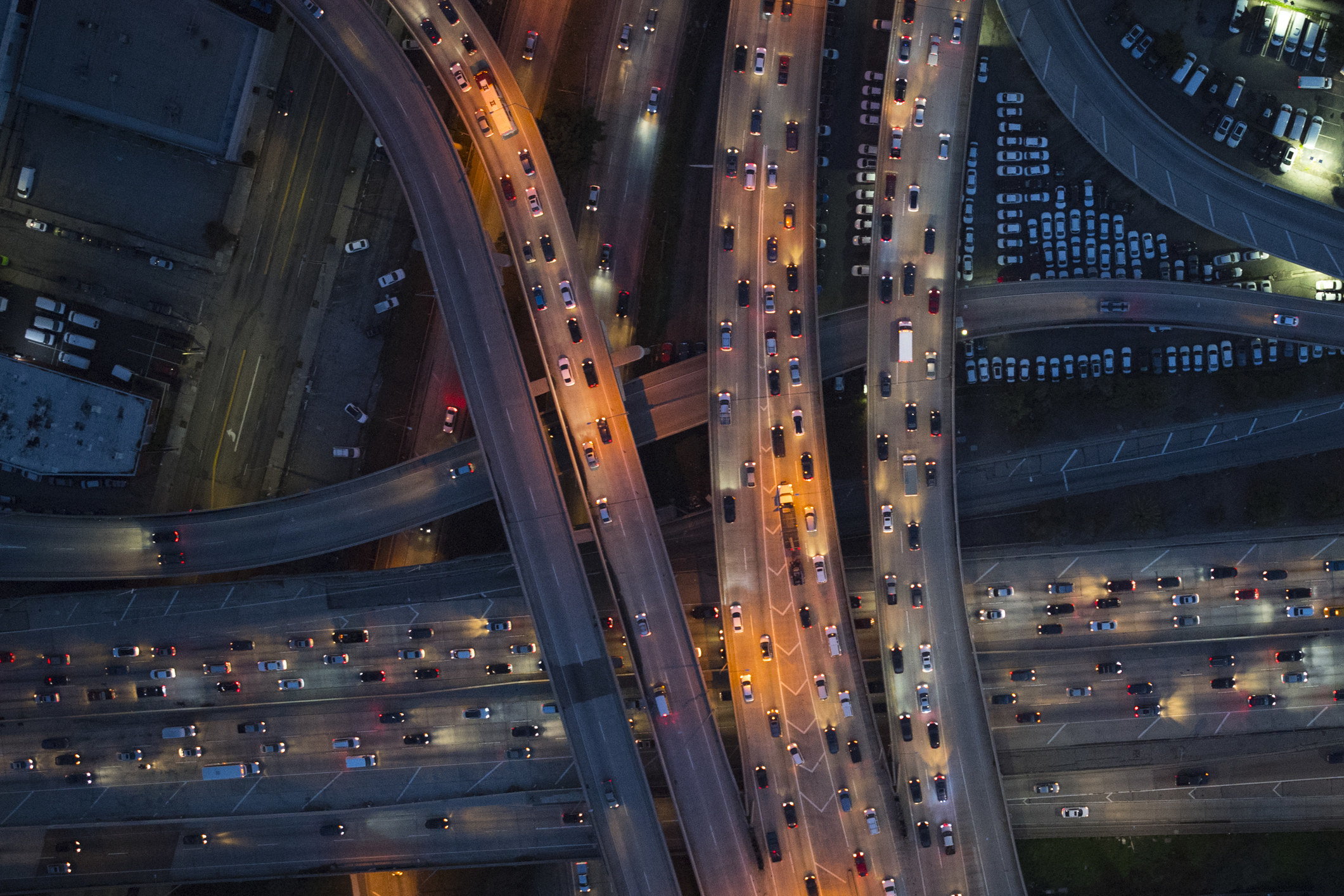 Aerial view of Los Angeles highways at twilight
