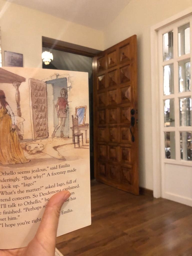 a person holding a book with a drawing of a door that has peaked square patterns carved into it, and a door that looks exactly the same of that in the distance in their room