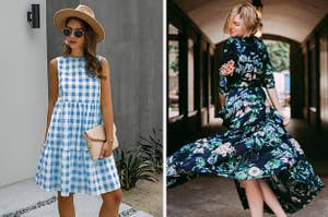 on left: model wearing blue and white gingham dress. on right: reviewer wearing long sleeve floral maxi dress
