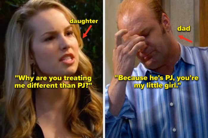 On the left is Teddy from &quot;Good luck Charlie&quot; with the caption &quot;Why are you treating me different than PJ?&quot; and on the right is Bob from &quot;Good Luck Charlie&quot; with the caption &quot;Because he's PJ, you're my little girl.&quot;