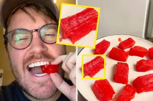 author biting into jello and close up on frozen jello on a plate
