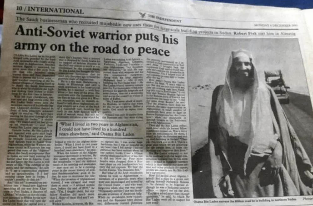 The Independent headline from 1993: &quot;Anti-Soviet warrior puts his army on the road to peace,&quot; with a photo of a smiling Osama